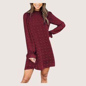 Adibosy Burgundy Ruffle Mock Neck Chiffon Lined Mini Dress Long Sleeve Plus 2XL